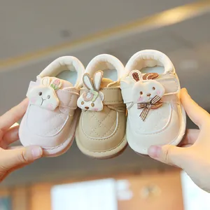 Toddler Baby Girls Squeaky Walking Shoes Synthetic Leather Quilted Rabbit Decor First Walker Non-Slip Soft Sole Princess Flats