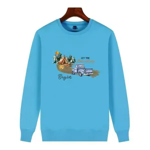 Blue sweatshirt featuring a vintage truck camping graphic and Adventure Begin text on front.