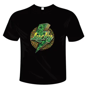 St. Patrick's Day themed lucky lightning bolt with leopard print graphic on black T-shirt