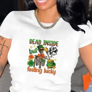 Detailed view of St. Patrick's Day skeleton heat transfer print on a white t-shirt