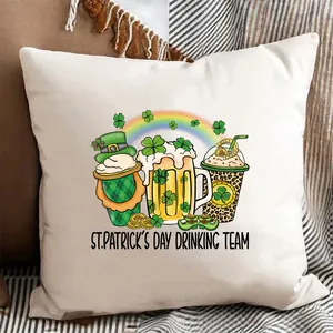 St. Patrick's Day Drinking Team heat transfer graphic on a white pillow detail view.