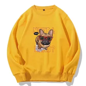 Sudadera amarilla de cuello redondo con estampado de bulldog francés de dibujos