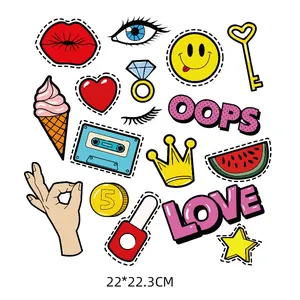Diverse cartoon heat transfer patches for clothes, featuring summer pop art motifs