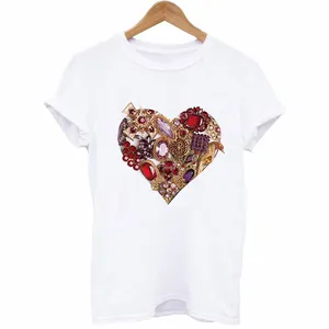 T-shirt en coton blanc élégant avec motif de cœur en pierres précieuses colorées