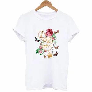 White cotton T-shirt featuring an elegant floral 'LOVE' and butterfly heat transfer print