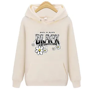 Cream-colored floral hoodie featuring 'Back in Black' graphic and casual kangaroo pocket