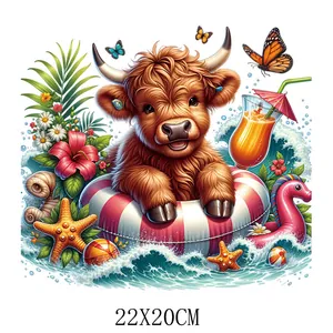Cartoon Hochlandrind Schwimmring Bügelbild 22x20cm für sommerliche DIY-Kleidung