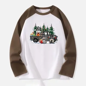 Detailed view of Christmas gnome heat transfer print on brown raglan sleeve T-shirt