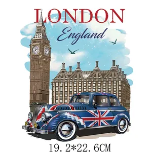 London themed heat transfer iron-on patch with Big Ben and vintage car illustration