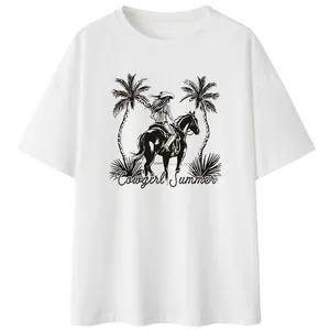 Detailed view of Cowgirl Summer beach graphic print on a white crew neck cotton t-shirt