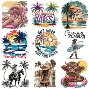 Summer Seaside Heat Transfer Patches For Clothes Highland Cow Cowgirl Palm Tree Sunset Washable Iron On Stickers For DIY T-Shirt Decor