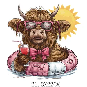 Cute Highland cow summer beach heat transfer sticker with sunglasses and ring 21.3x22cm