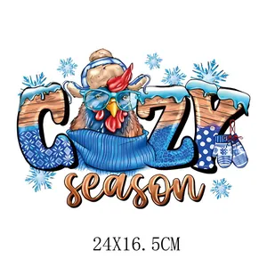 Christmas heat transfer patch with chicken and 'COZY season' text