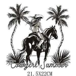 Summer beach cowgirl on horse with palm trees heat transfer vinyl sticker, 21.5x22cm