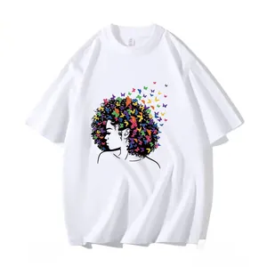 White short sleeve graphic t-shirt featuring colorful butterfly hair art print design
