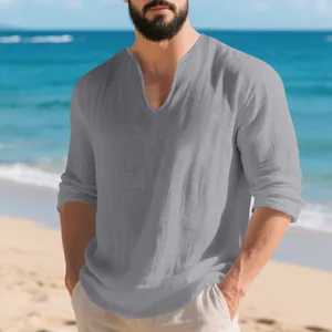 T-shirt décontracté en lin gris pour hommes avec col en V profond sur la plage ensoleillée