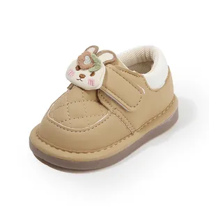 Breathable toddler walking shoes in khaki with quilted texture and 3D bunny ornament