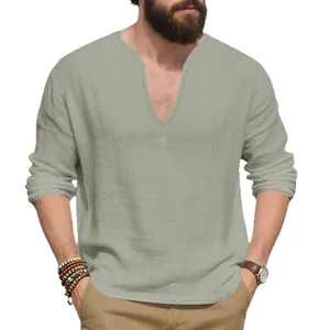 Camiseta de lino para hombre de manga larga con cuello en V gris claro