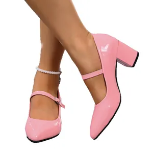 Elegant pink patent leather Mary Jane dance shoes with steady block heels for women's performance