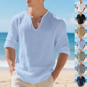 T-shirt da uomo in lino casual con scollo a V e maniche lunghe per vacanze al mare