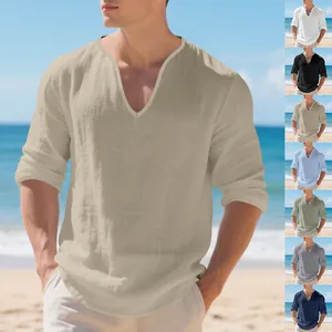 T-shirt décontracté en lin à manches longues pour hommes avec col V profond et ample.