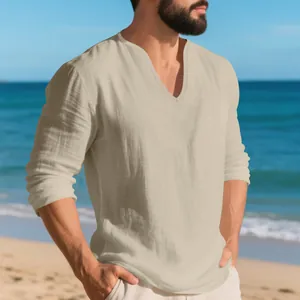 T-shirt décontracté en lin pour hommes à manches longues et col en V profond à la plage