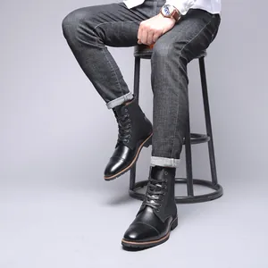 Men's black leather high-top Martin boots with a stylish lace-up design and durable sole