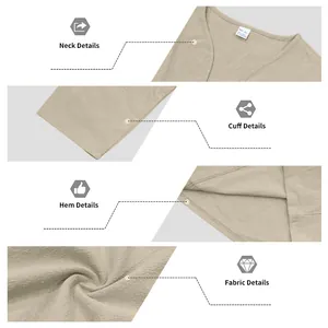 Détails rapprochés du t-shirt en lin beige à col en V montrant la texture et les coutures