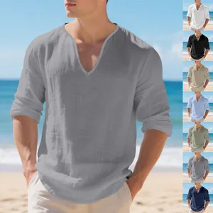 T-shirt homme ample en lin à manches longues et col en V, plusieurs couleurs