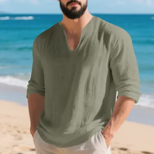 T-shirt décontracté en lin à manches longues pour hommes avec col en V profond.