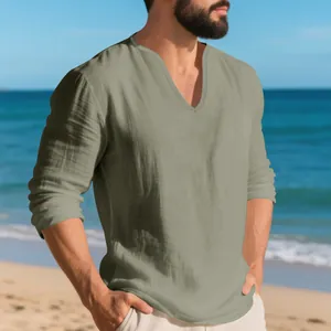 T-shirt décontracté en lin à manches longues pour hommes avec col en V profond.