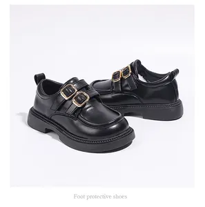 Classic girls black leather loafers with double gold buckles and durable thick soles