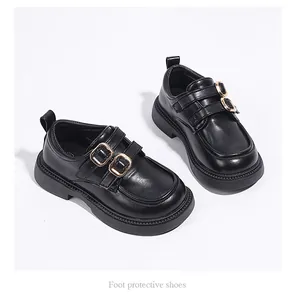 Elegant black Mary Jane shoes for girls with double buckles and durable platform sole
