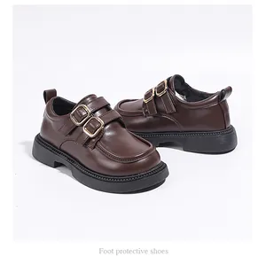 Girls' brown loafers with double gold buckles and thick soles for kids