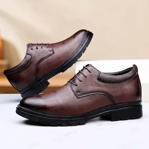 Men's brown textured leather dress shoes with 8cm hidden height and lace-up design