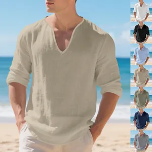 T-Shirt en Lin Hommes Manches Longues Décontracté Américain Col en V Profond Couleur Unie Ample Respirant Printemps Automne Haut