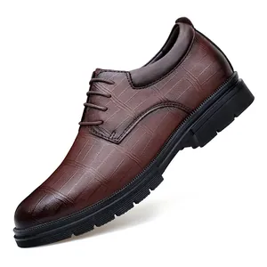 Brown embossed leather elevator shoes with 8cm height increase and lace-up design