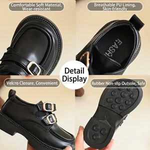 Elegant black leather princess shoes for girls with velcro strap and non-slip sole