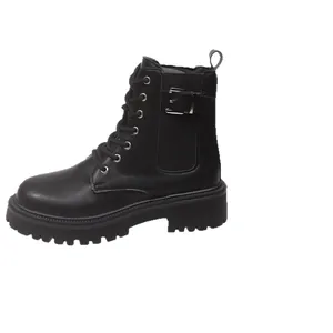 British style black platform ankle boots with buckle and lace-up design for women