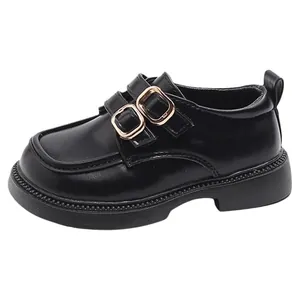 Classic black children's princess loafers with double gold buckles and round toe design