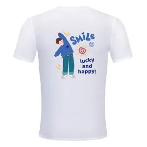 Premium white cotton T-shirt with cartoon boy exercise print and Smile typography