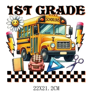 1st Grade back to school heat transfer decal with yellow school bus and stationery
