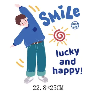 Cartoon boy stretching heat transfer iron-on decal with Smile and Lucky text 22.8x25cm