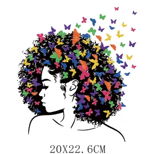 Colorful butterfly afro woman heat transfer iron-on decal for DIY clothing 20x22.6cm size