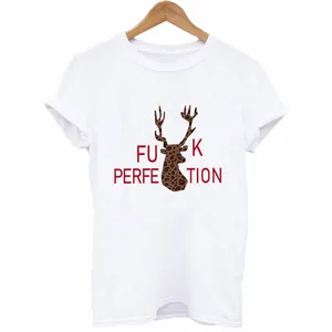White short sleeve T-shirt with leopard deer head graphic and perfection slogan print