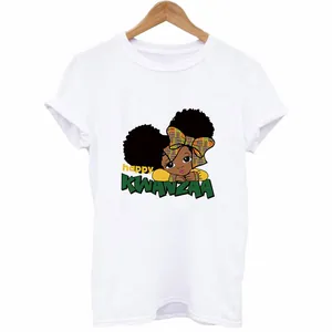 Detailed view of Happy Kwanzaa heat transfer print on white T-shirt featuring a cartoon girl