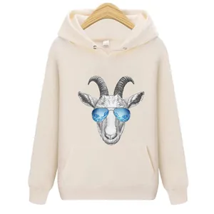 Beige drawstring hoodie featuring cool mountain goat with blue aviator sunglasses print