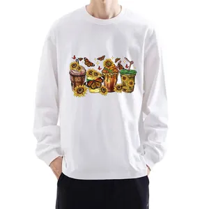 Close-up of sunflower and butterfly drink cup heat transfer design on white shirt