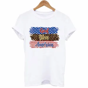 Close-up of patriotic God Bless America heat transfer design on a white T-shirt