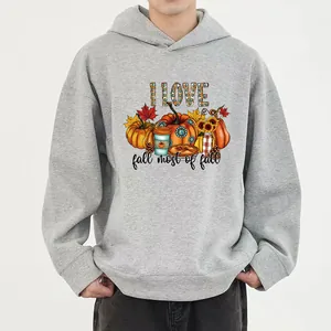 Autumn pumpkin heat transfer decal on a gray hoodie with Thanksgiving theme elements